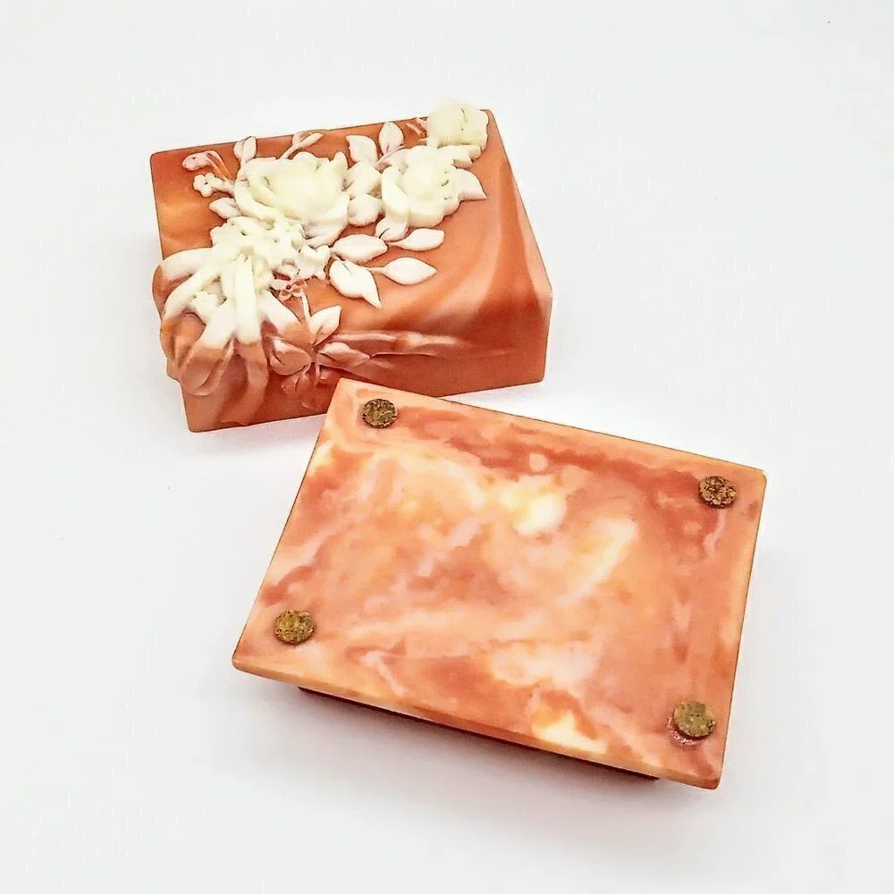 Hand-Carved Incolay Rose Stone Covered Box